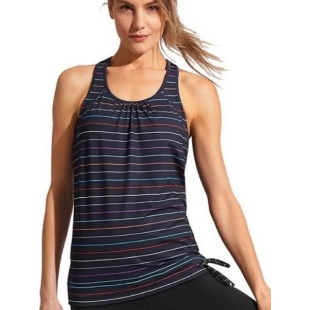 Athleta‎ Striped Racerback Tinker Tank Top Navy Blue Multi Shelf Bra Size XS